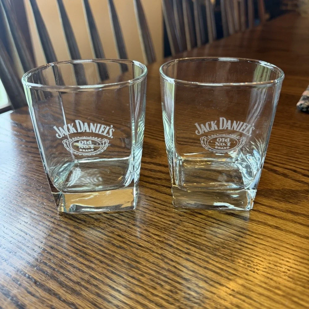 Vintage - Etched - Jack Daniels Old No. 7 Brand - Square Logo Glasses Set of 2